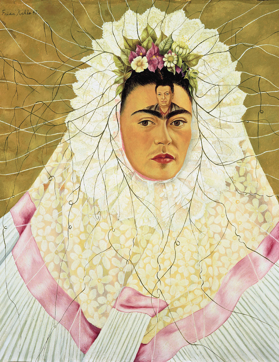 frida kahlo artwork of self portrait in wide white dress and headwrap