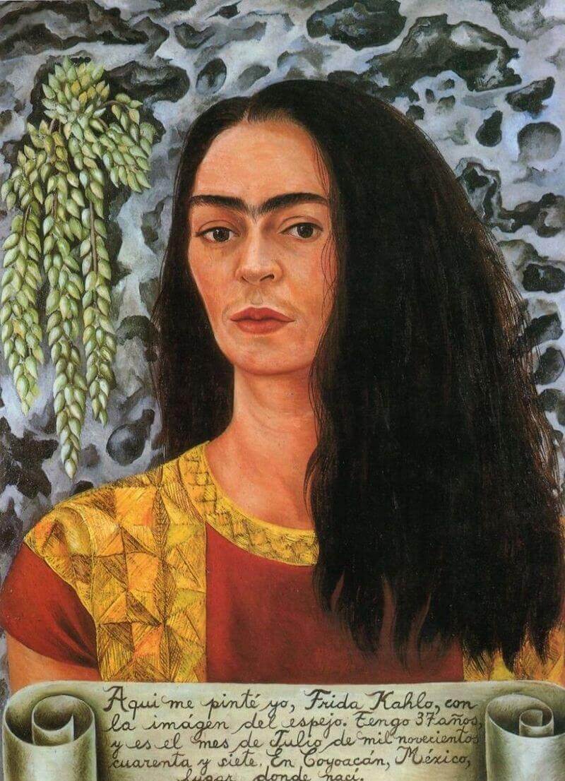 frida khalo self portrait with 'messy' hair with rocks behind