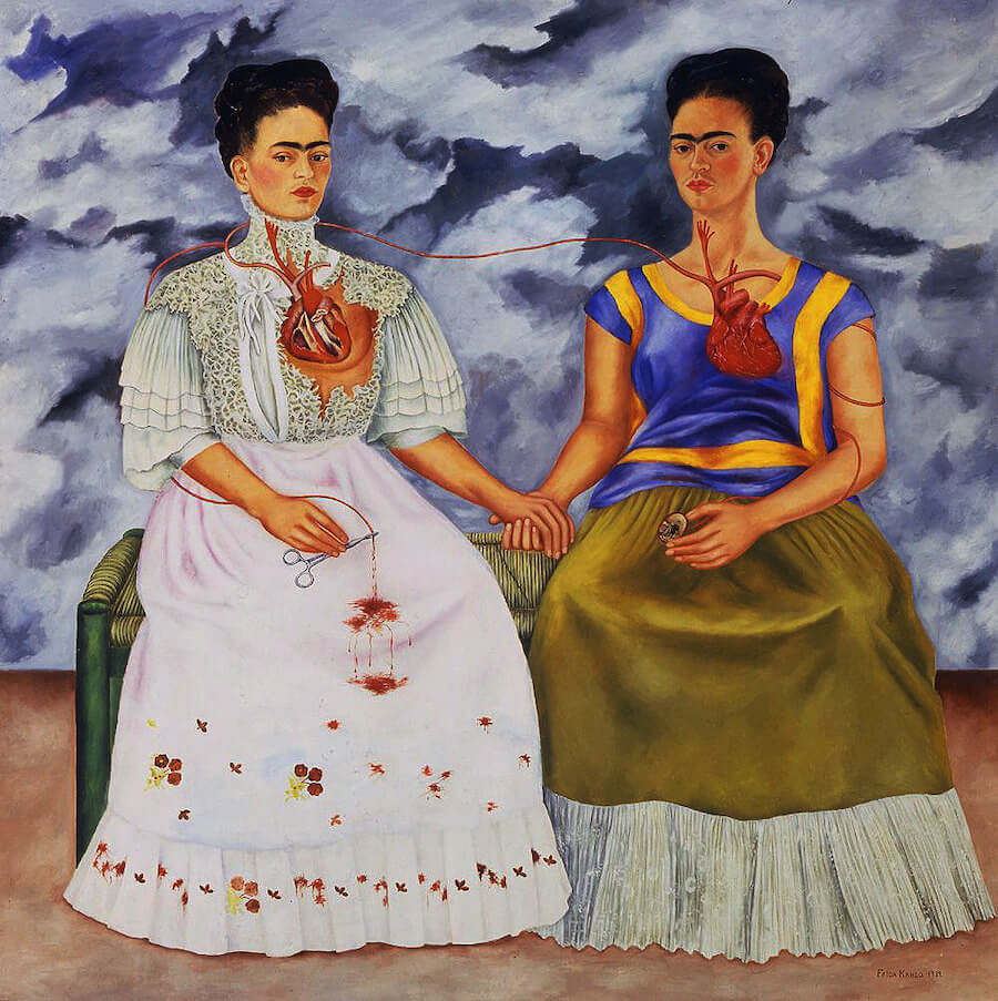 frida khalo piece of two self portraits holding hands